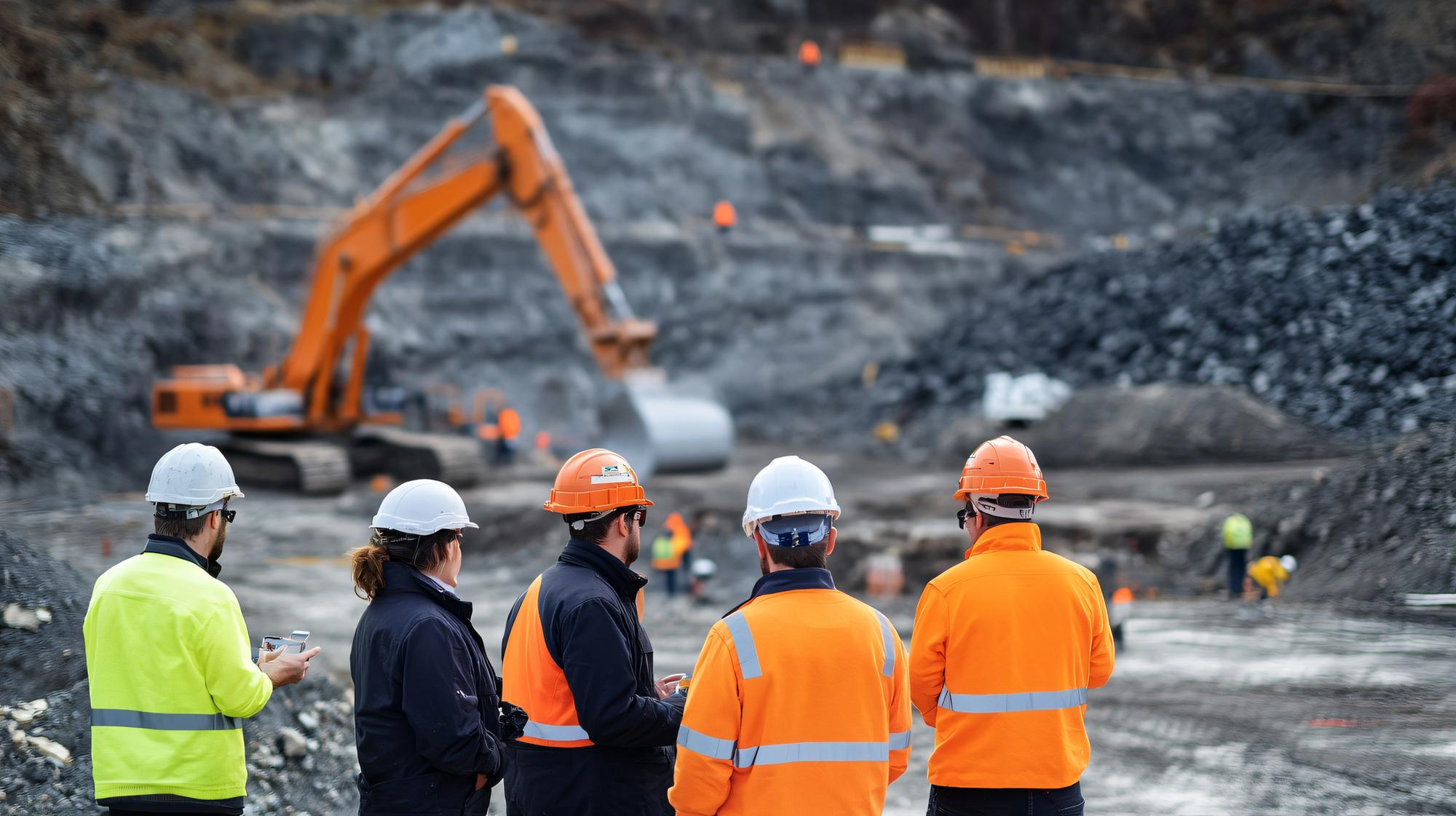 A LeanEdge crew reviewing live operations across a large open-pit mining site